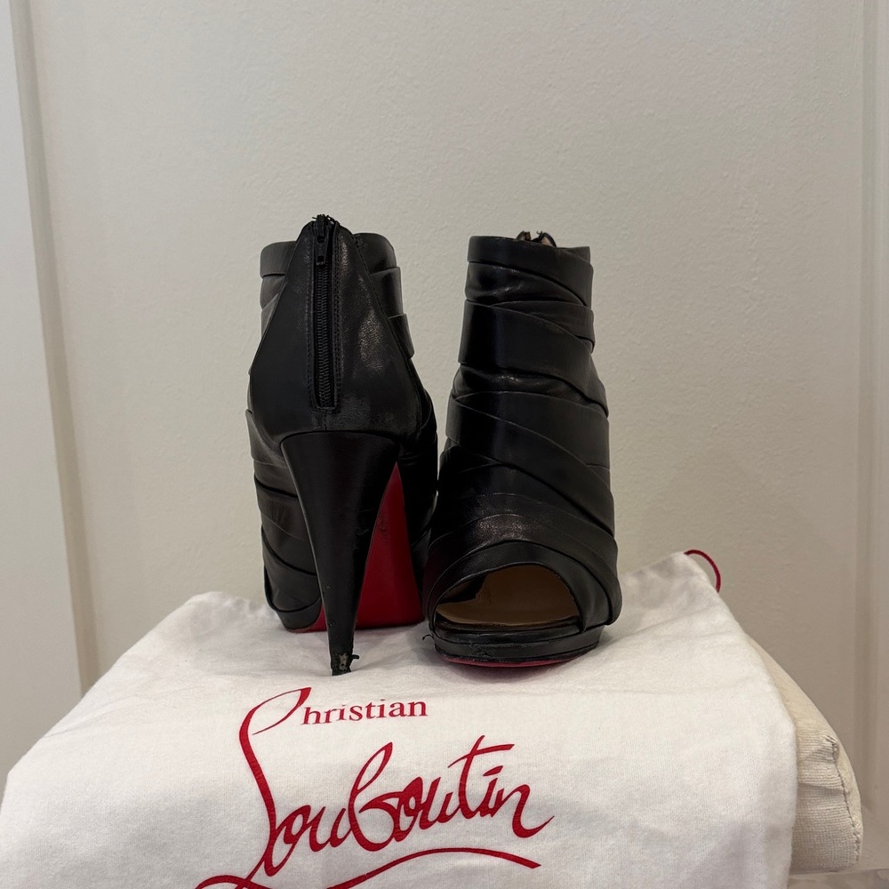 Christian Louboutin Black Leather Peep-Toe Wrap Booties - Picture 2 of 5
